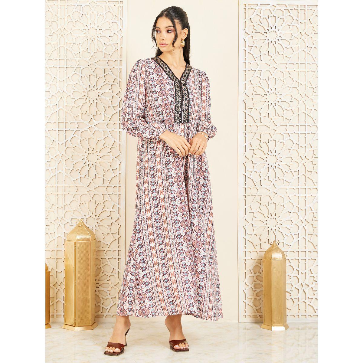 Styli Sequin Lace Neck Detail AOP Jalabiya-women-arabicclothing-jalabiyas-image-1