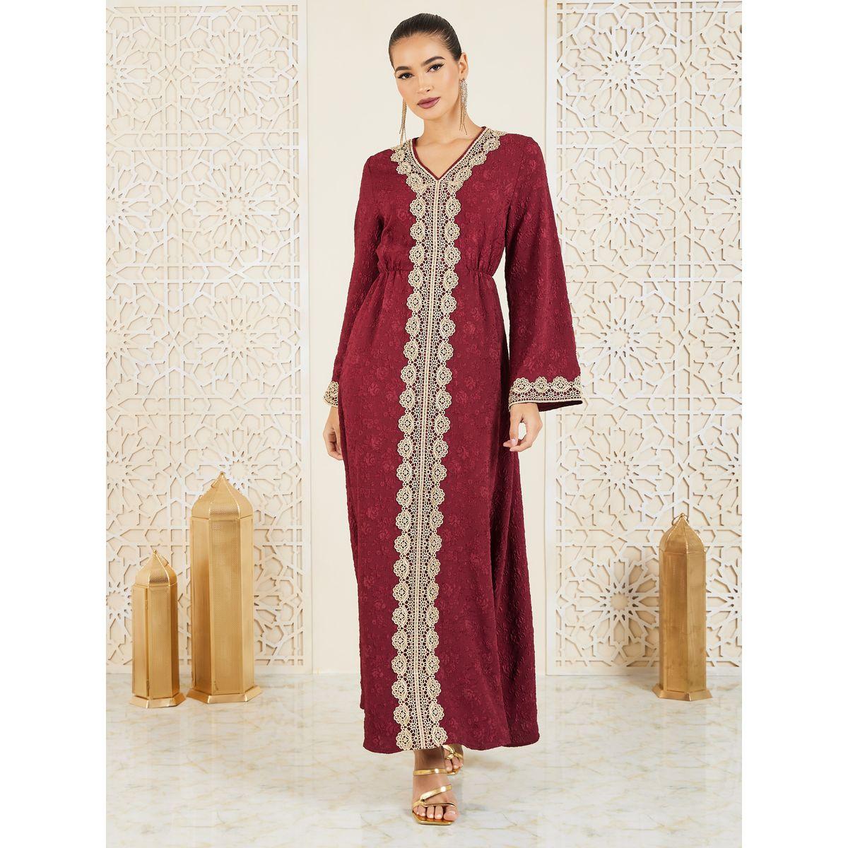 قفطان محبوك بتفاصيل جاكار مع دانتيل-women-arabicclothing-kaftan-image-1
