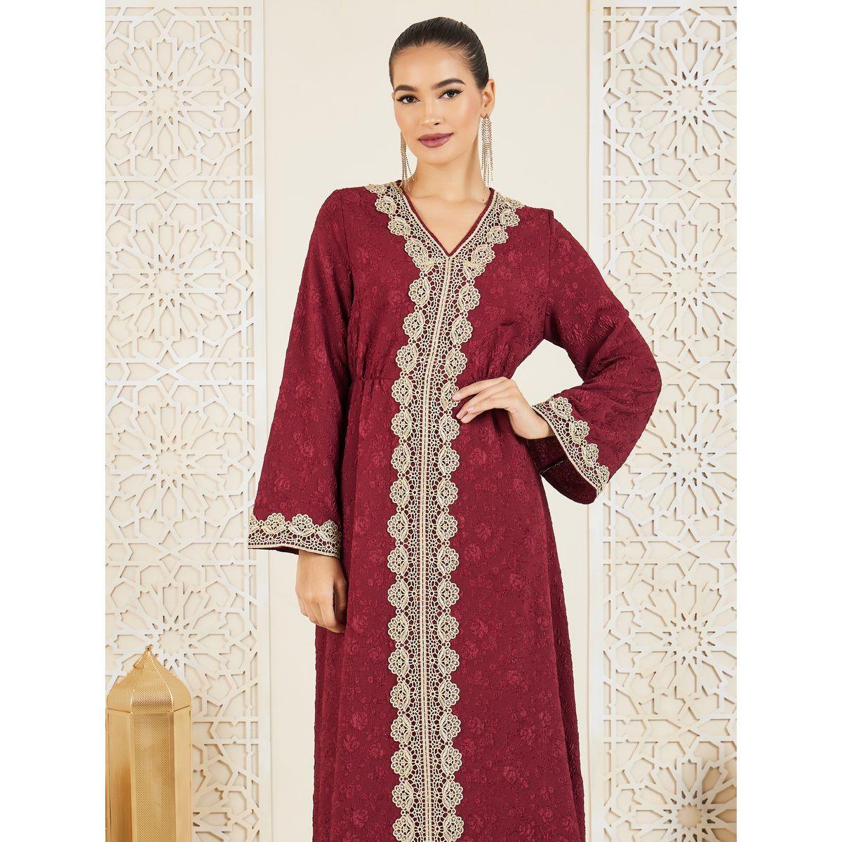 قفطان محبوك بتفاصيل جاكار مع دانتيل-women-arabicclothing-kaftan-image-2