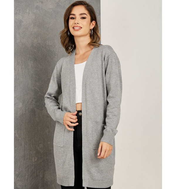 Shop Take Two Front Open Knit Longline Cardigan with Patch Pocket Online Centrepoint Saudi