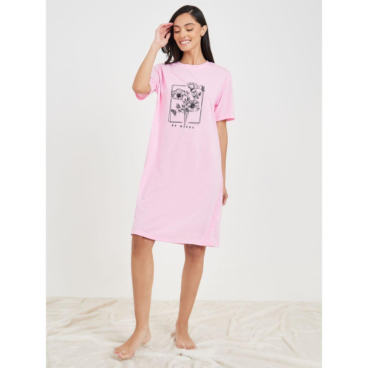 Styli Unwind Be Happy Floral Print Sleep T-shirt Dress-women-clothing-nightwear-nighties-image-2