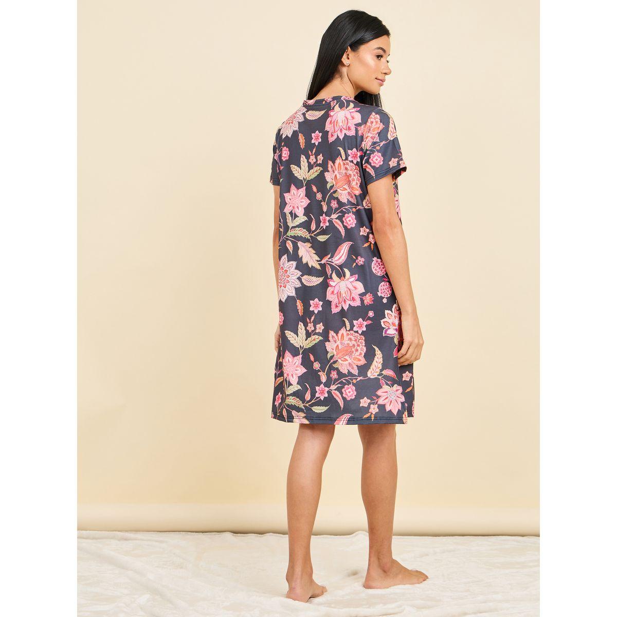 Styli Unwind Floral Print Side Slit Sleep T-Shirt Dress-women-clothing-nightwear-nighties-image-5