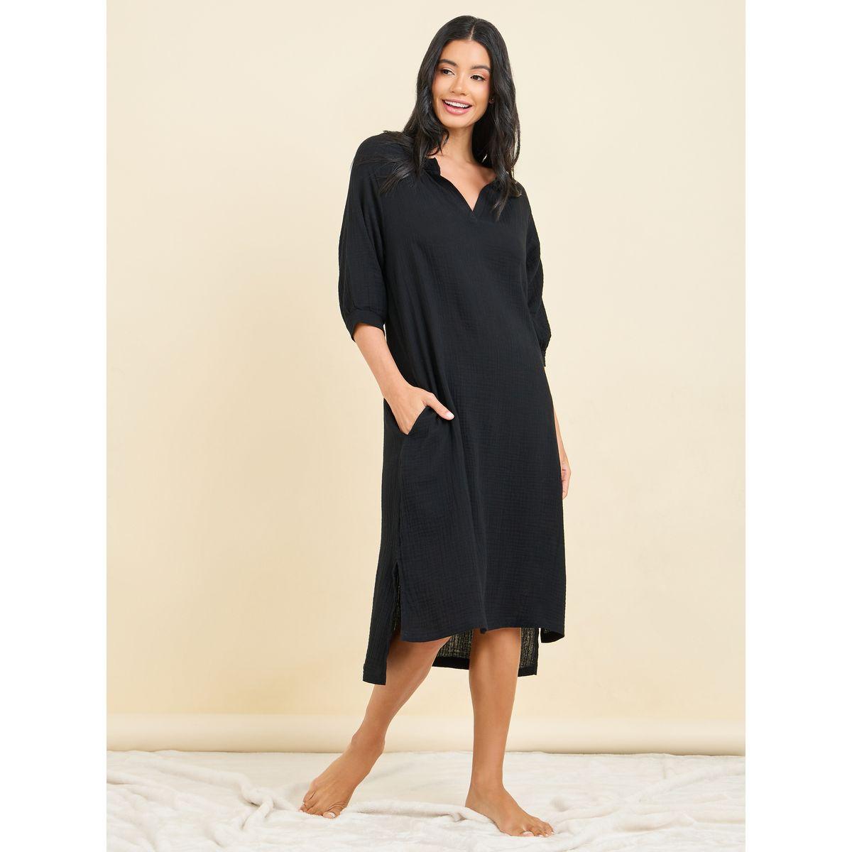 Styli Unwind Cotton Textured V Neck Pocket Detail Nightdress-women-clothing-nightwear-nighties-image-1