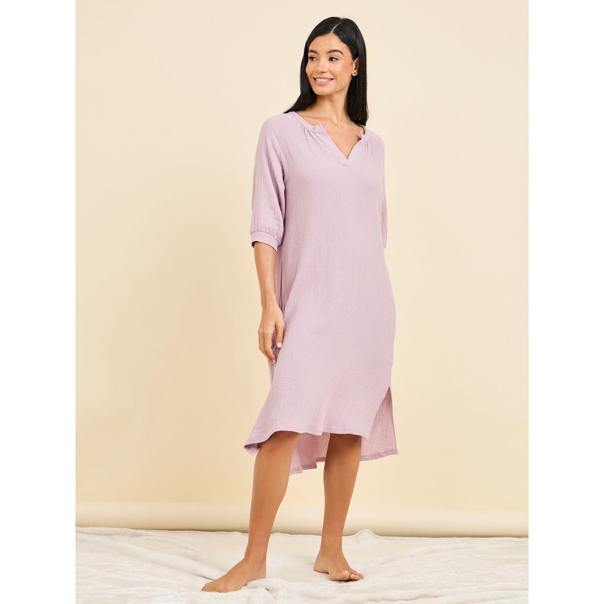 Styli Unwind Cotton Gauze V Neck Nightdress with Pocket Detail-women-clothing-nightwear-nighties-image-2