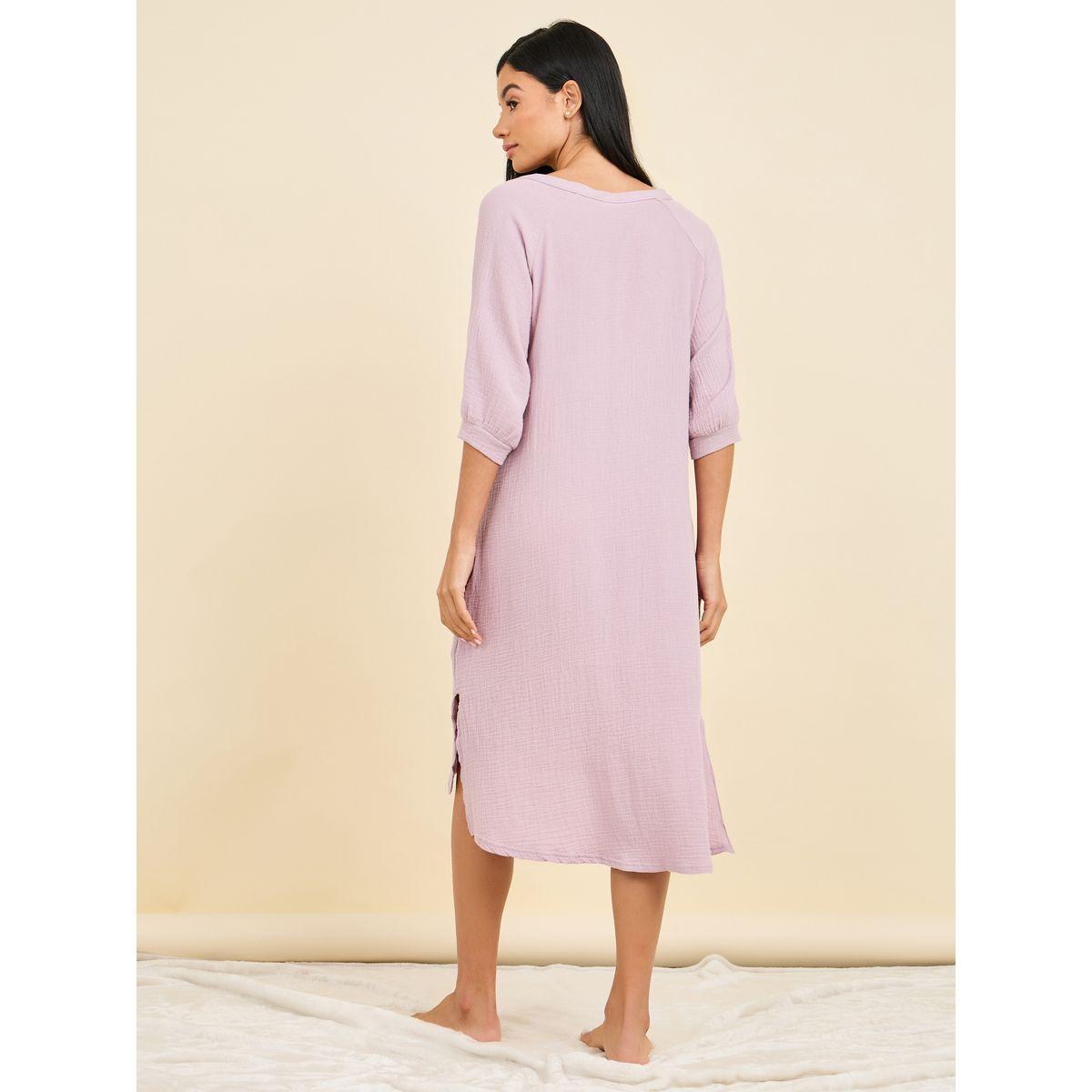Styli Unwind Cotton Gauze V Neck Nightdress with Pocket Detail-women-clothing-nightwear-nighties-image-4