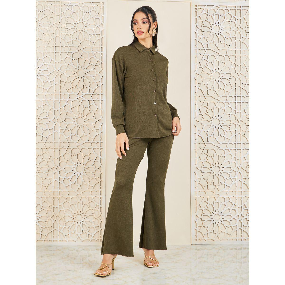 Styli Shimmer Texture Knit Slim Fit Shirt and Fit & Flare Pant Set-women-clothing-coordsets-image-1