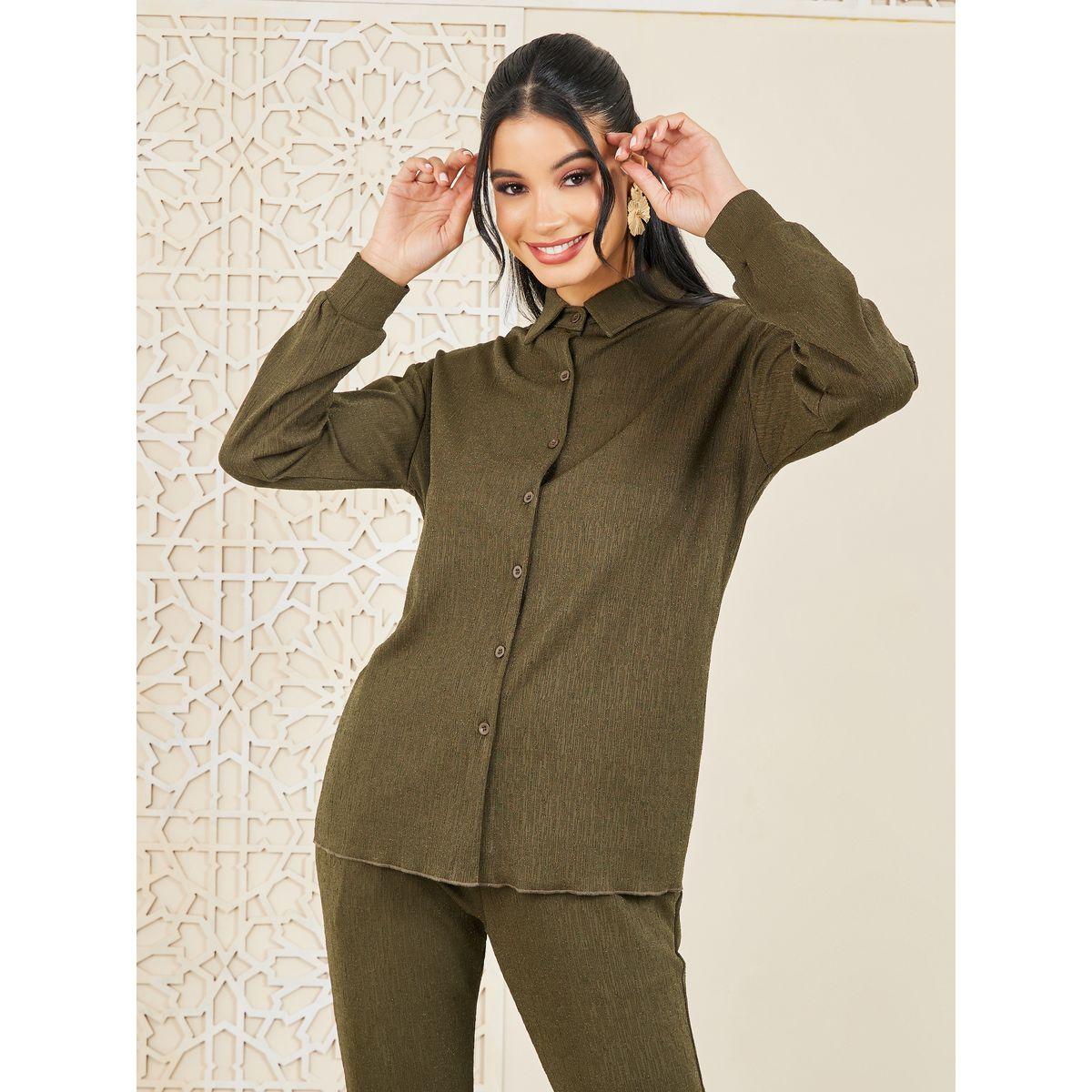 Styli Shimmer Texture Knit Slim Fit Shirt and Fit & Flare Pant Set-women-clothing-coordsets-image-2