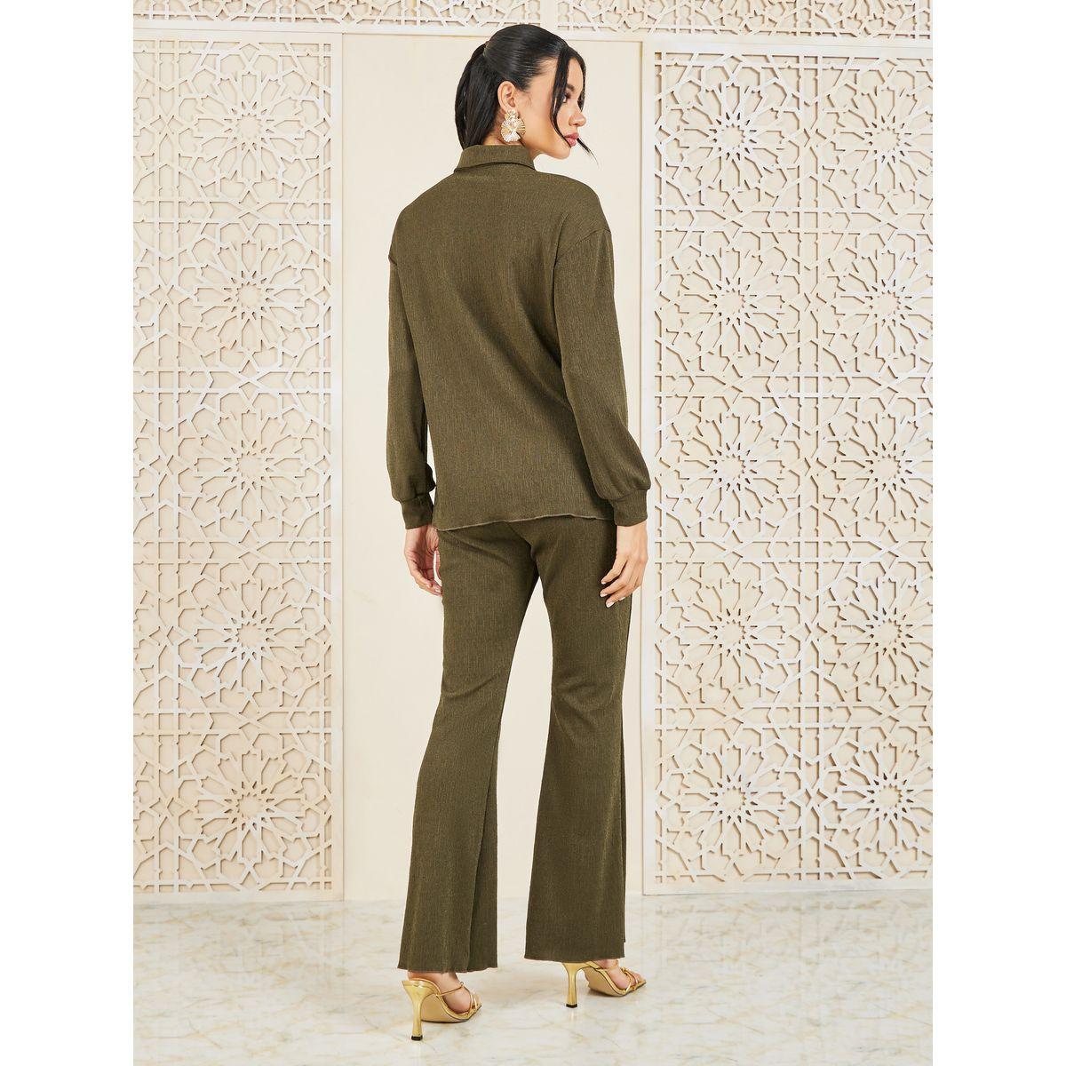 Styli Shimmer Texture Knit Slim Fit Shirt and Fit & Flare Pant Set-women-clothing-coordsets-image-5