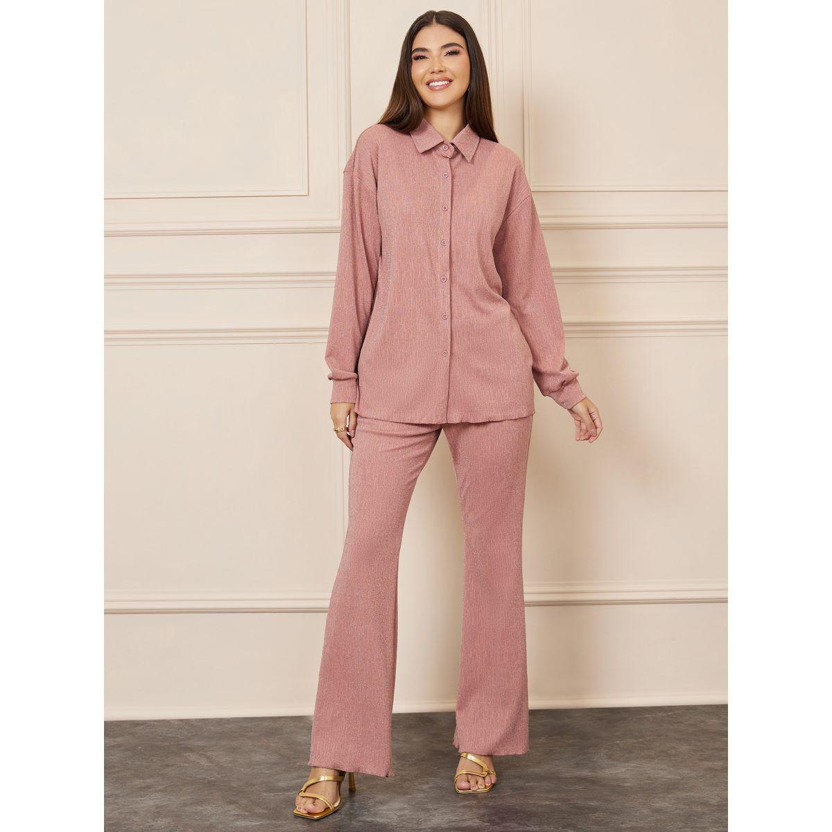 Styli Shimmer Texture Knit Slim Fit Shirt and Fit & Flare Pant Set-women-clothing-coordsets-image-1