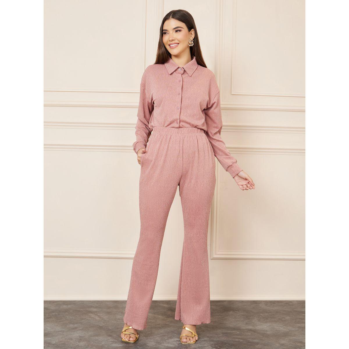 Styli Shimmer Texture Knit Slim Fit Shirt and Fit & Flare Pant Set-women-clothing-coordsets-image-2