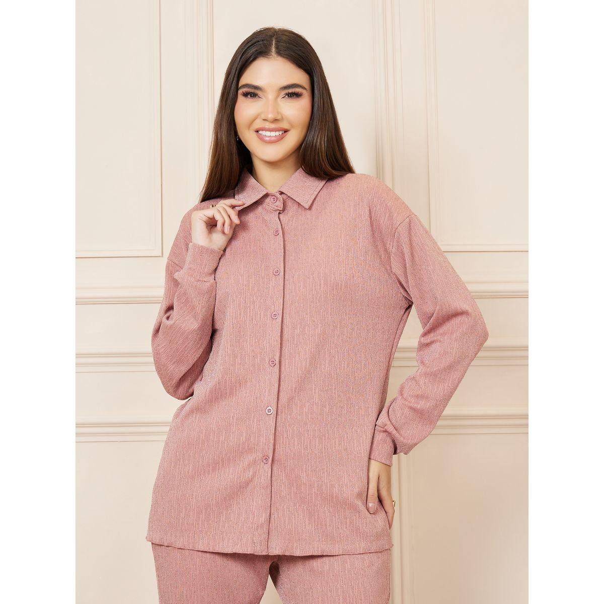 Styli Shimmer Texture Knit Slim Fit Shirt and Fit & Flare Pant Set-women-clothing-coordsets-image-3