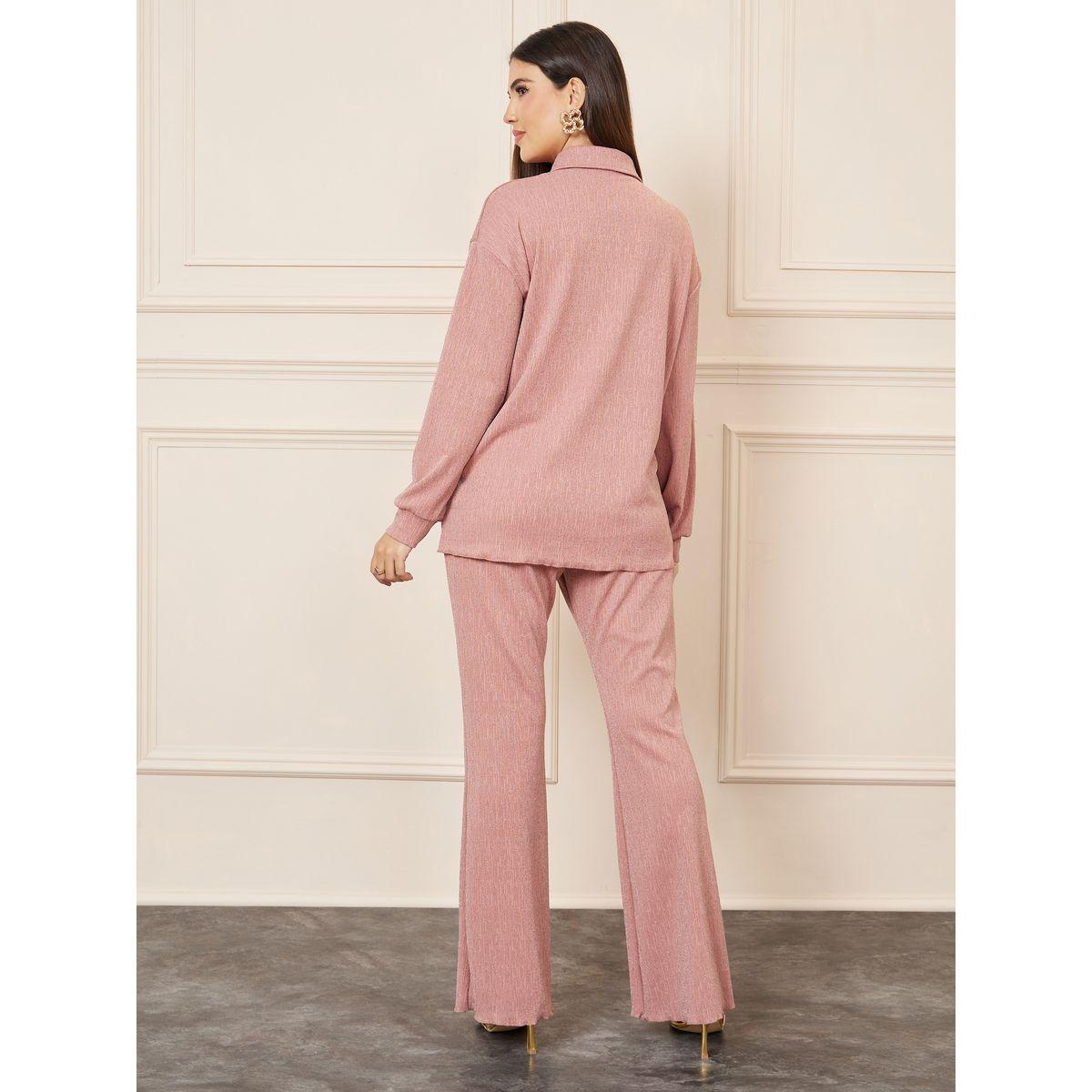 Styli Shimmer Texture Knit Slim Fit Shirt and Fit & Flare Pant Set-women-clothing-coordsets-image-5