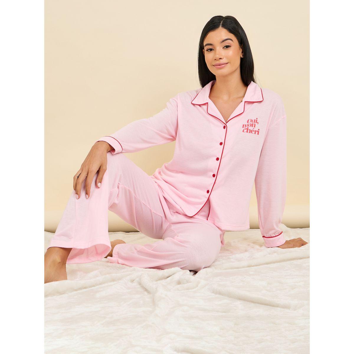 Styli Unwind Oui Mon Cheri Slogan Print Piped Shirt and Pyjama Set-women-clothing-nightwear-pyjamas-longsets-image-1