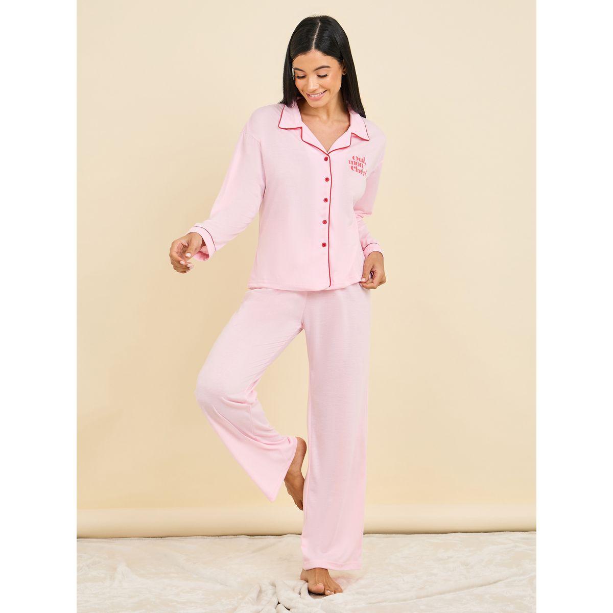 Styli Unwind Oui Mon Cheri Slogan Print Piped Shirt and Pyjama Set-women-clothing-nightwear-pyjamas-longsets-image-2