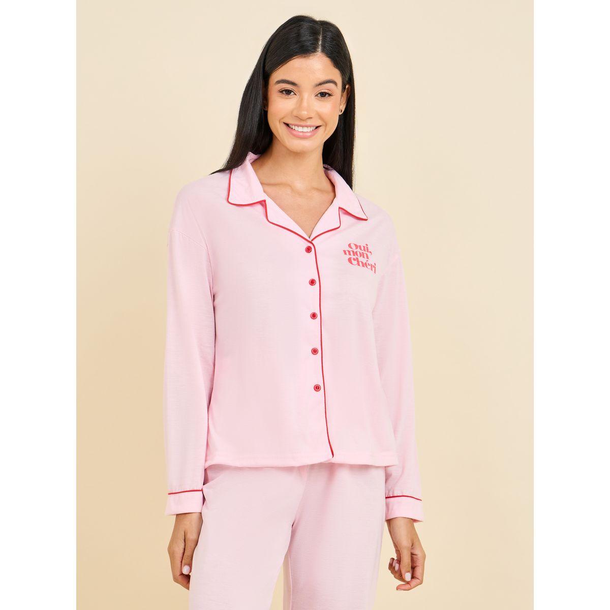 Styli Unwind Oui Mon Cheri Slogan Print Piped Shirt and Pyjama Set-women-clothing-nightwear-pyjamas-longsets-image-3