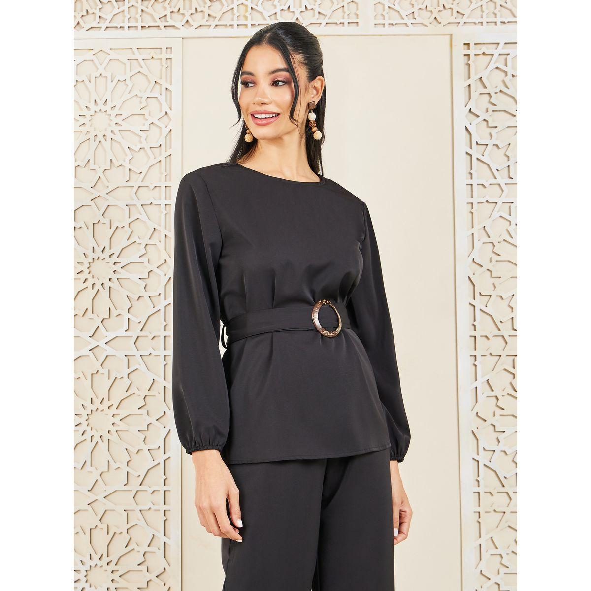 مجموعة من بنطال بارجل مستقيمة مع بلوزة سادة-women-clothing-coordsets-image-2
