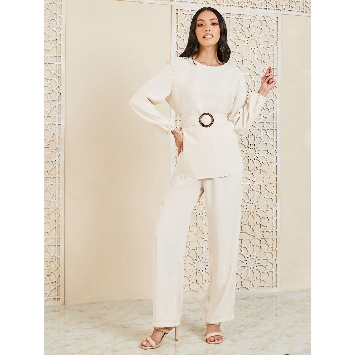 Styli Buckle Belted Longline Top and Pant Set-women-clothing-coordsets-image-1