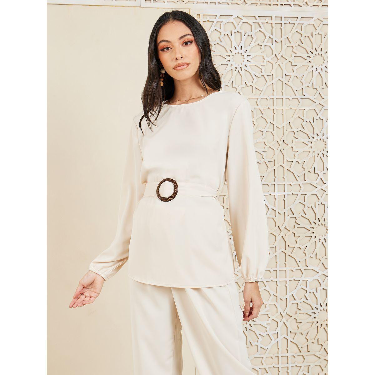 Styli Buckle Belted Longline Top and Pant Set-women-clothing-coordsets-image-2