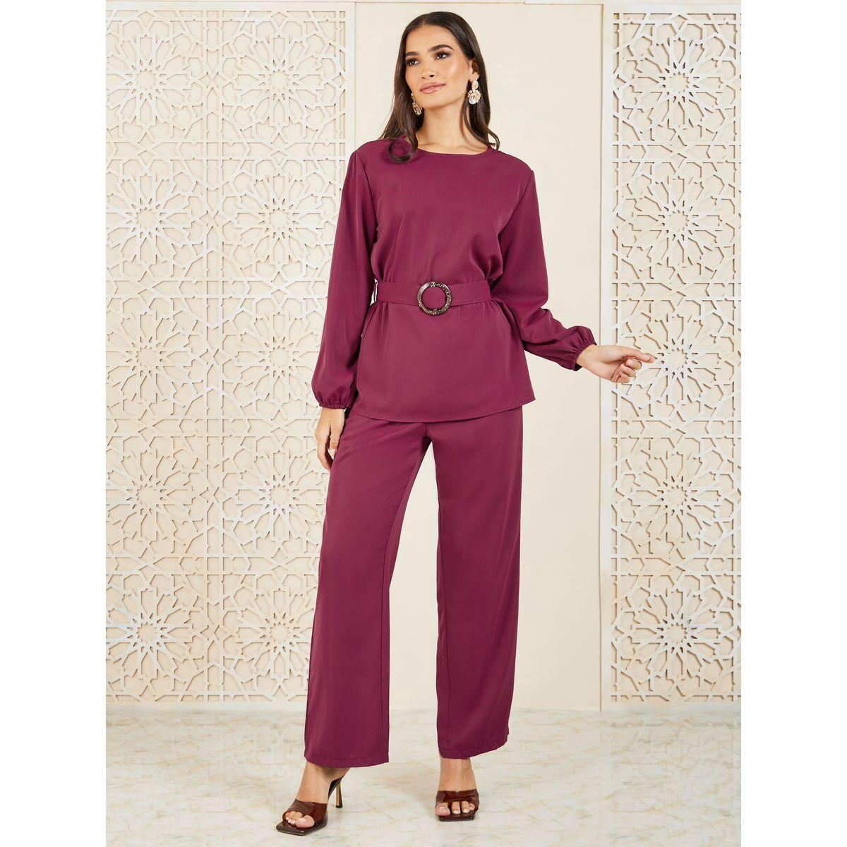 Styli Buckle Belted Longline Top and Pant Set-women-clothing-coordsets-image-1