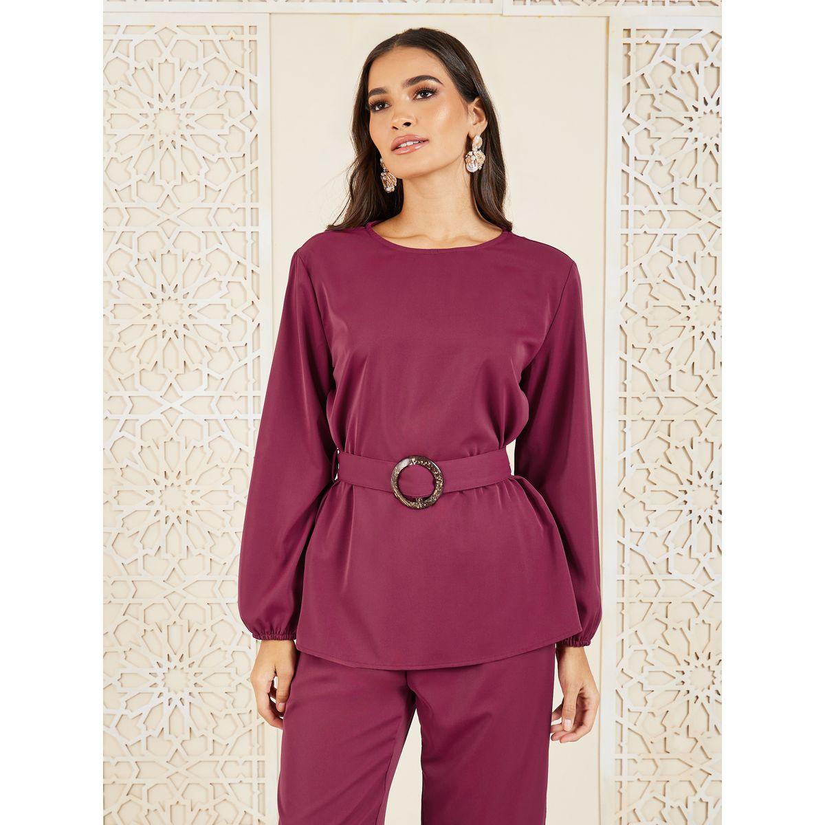 مجموعة من بنطال وبلوزة مع رباط خصر-women-clothing-coordsets-image-4