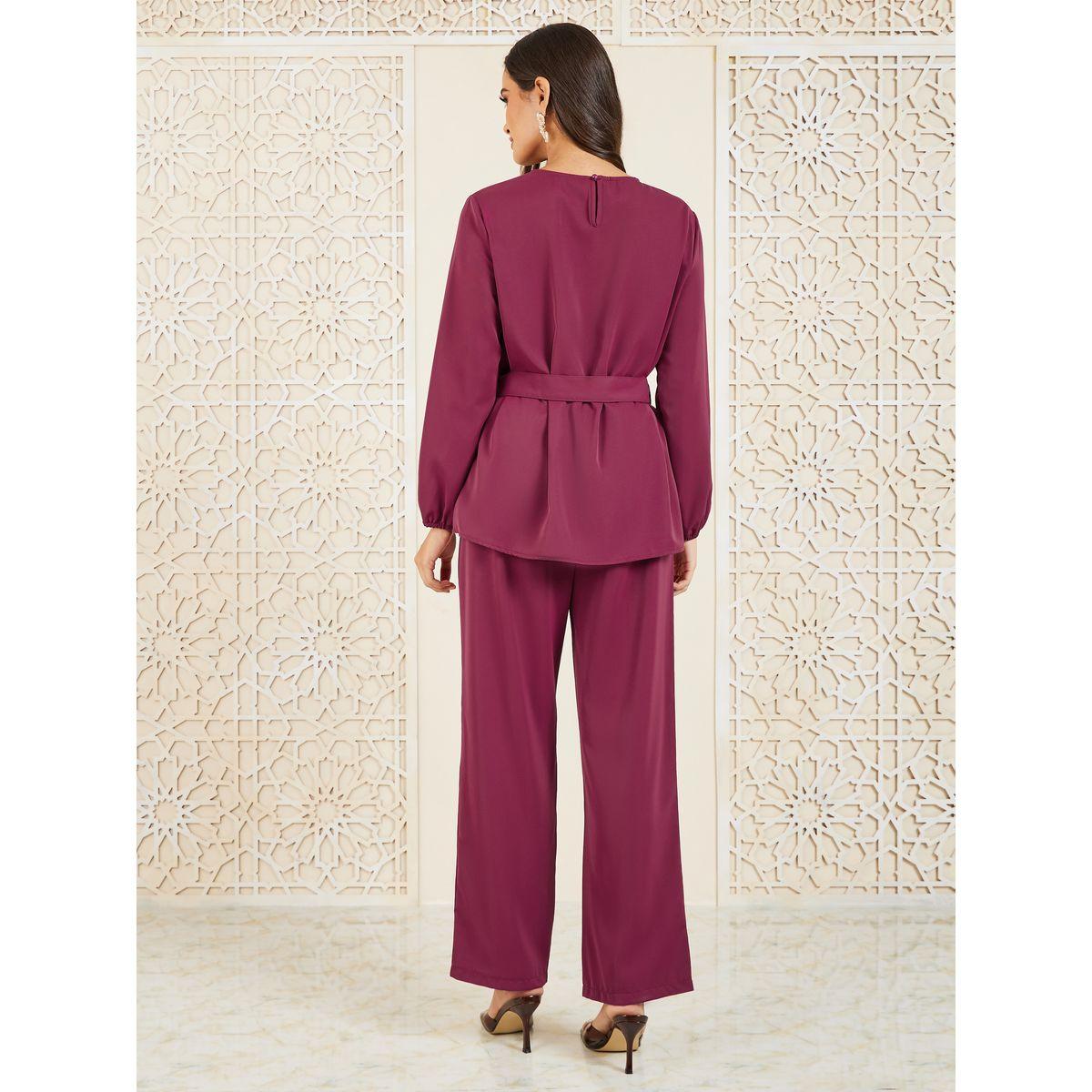 Styli Buckle Belted Longline Top and Pant Set-women-clothing-coordsets-image-4