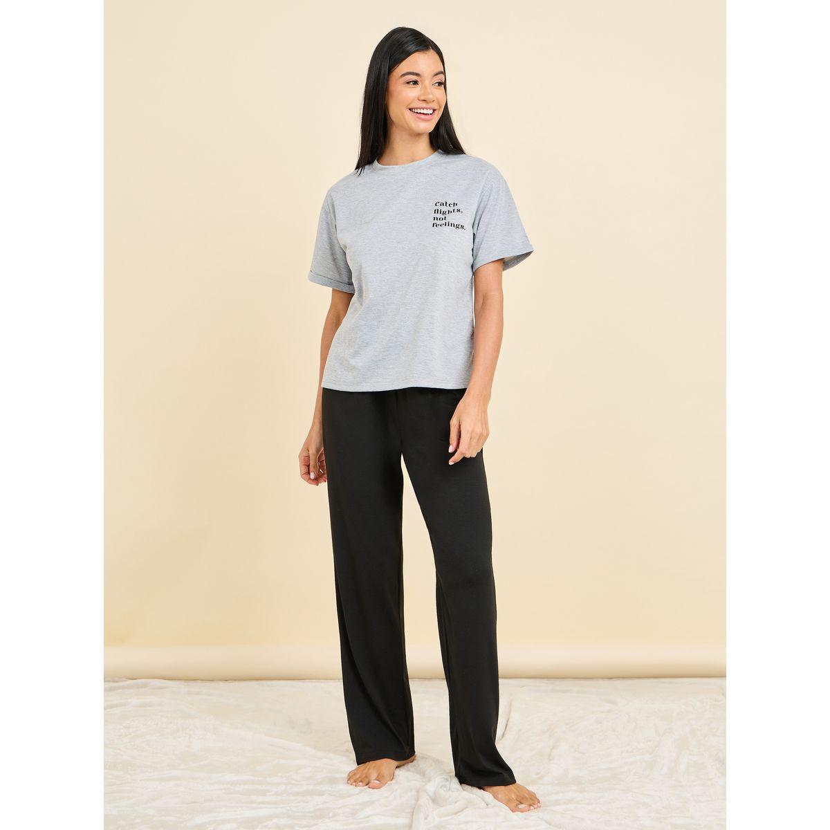 Styli Unwind Melange Slogan Print T-Shirt & Pyjama Set-women-clothing-nightwear-pyjamas-longsets-image-1
