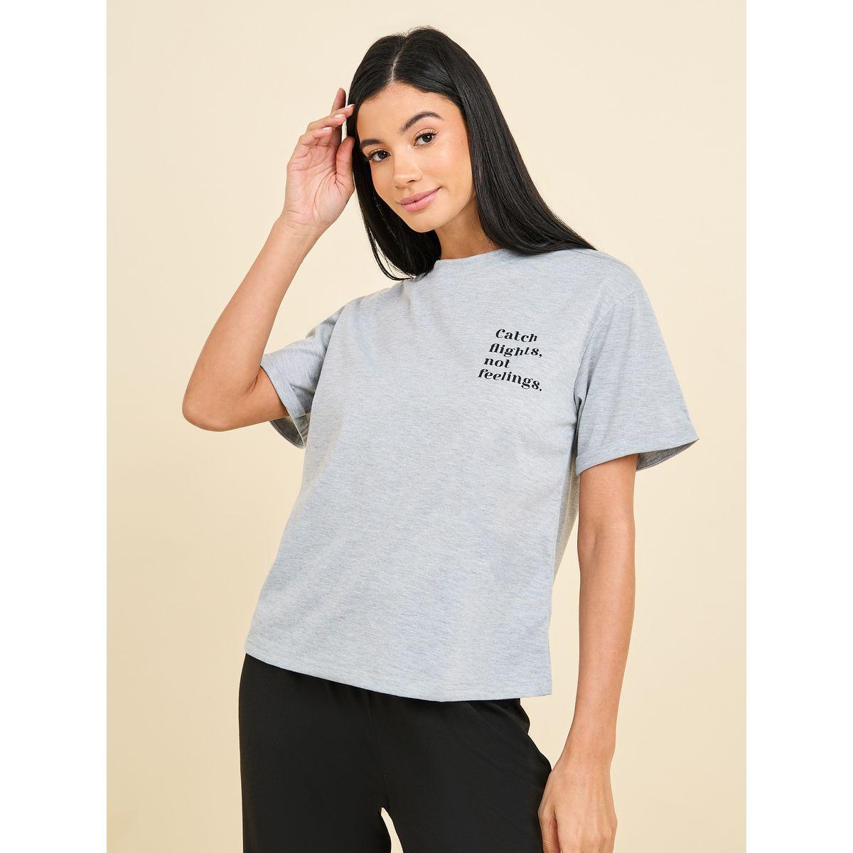 Styli Unwind Melange Slogan Print T-Shirt & Pyjama Set-women-clothing-nightwear-pyjamas-longsets-image-2