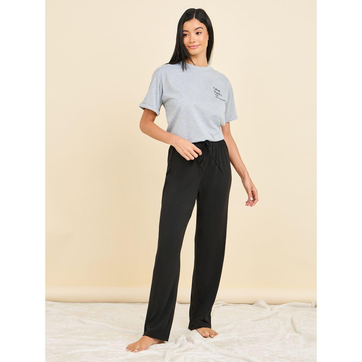 Styli Unwind Melange Slogan Print T-Shirt & Pyjama Set-women-clothing-nightwear-pyjamas-longsets-image-4