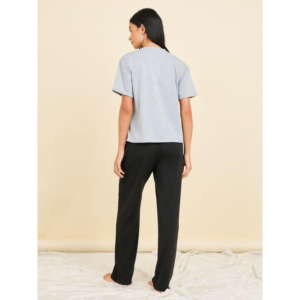Styli Unwind Melange Slogan Print T-Shirt & Pyjama Set-women-clothing-nightwear-pyjamas-longsets-image-6