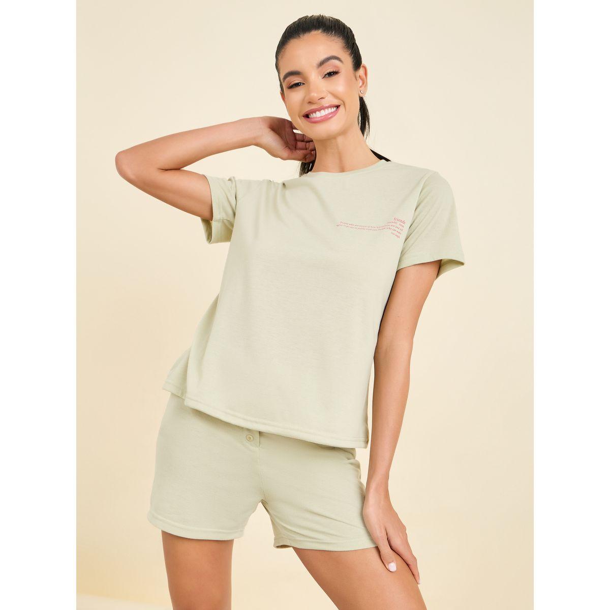 Styli Unwind Slogan Print T-Shirt & Button Placket Shorts Set-women-clothing-nightwear-pyjamas-shortsets-image-1