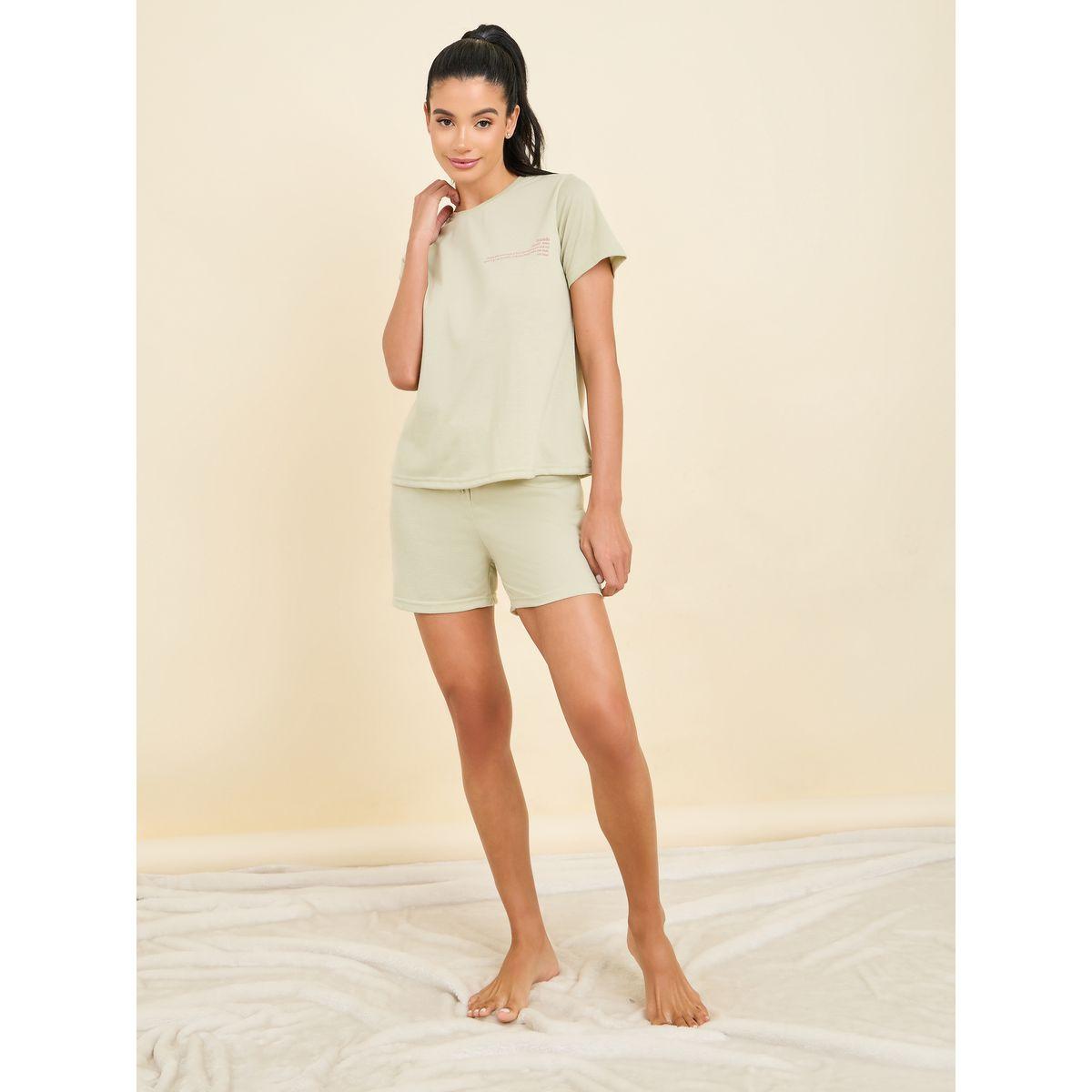 Styli Unwind Slogan Print T-Shirt & Button Placket Shorts Set-women-clothing-nightwear-pyjamas-shortsets-image-2