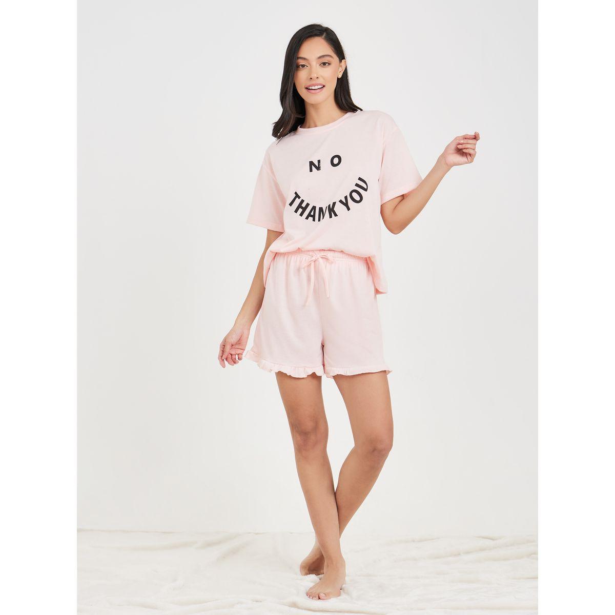 Styli Unwind Slogan Print T-Shirt & Ruffle Short Set-women-clothing-nightwear-pyjamas-shortsets-image-2
