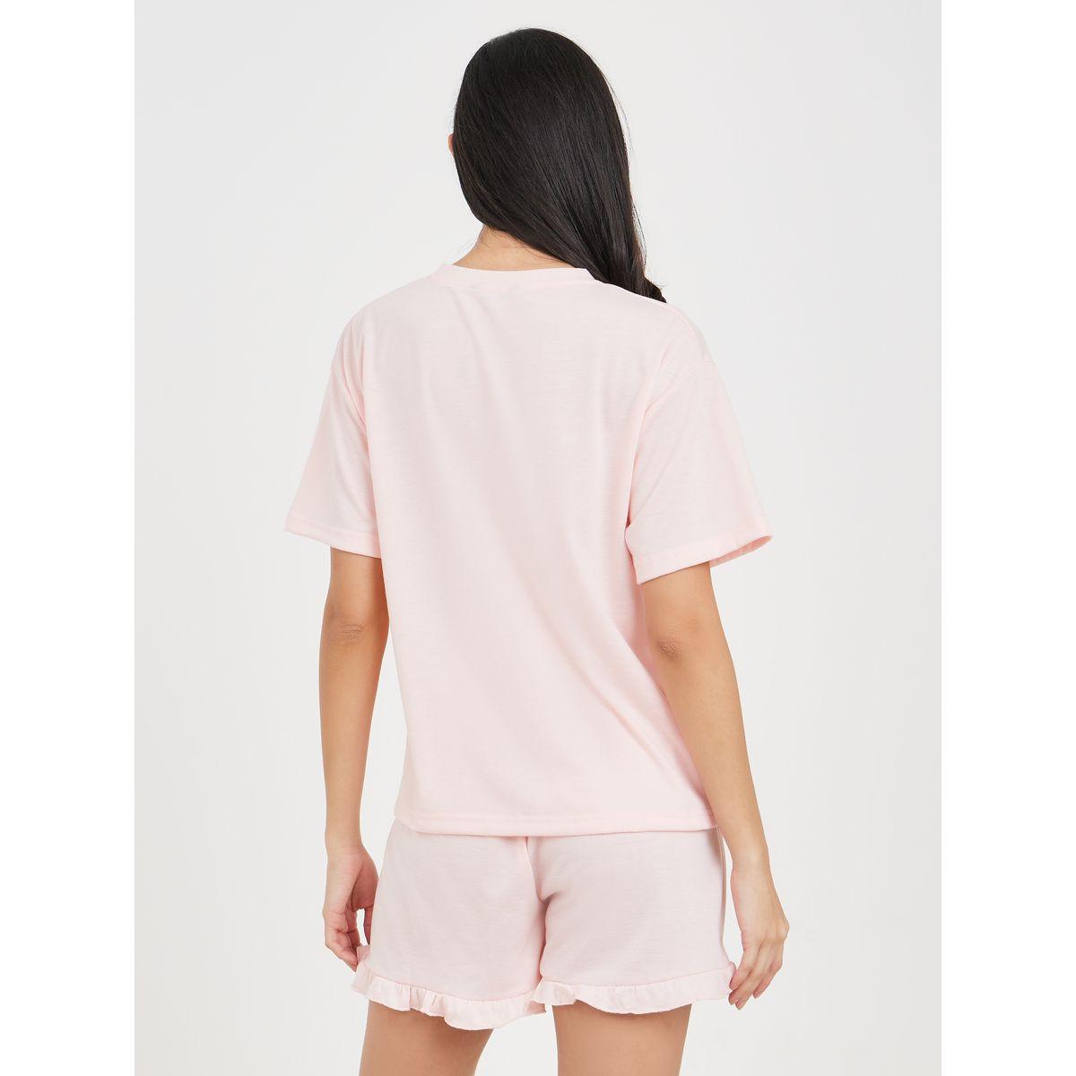 Styli Unwind Slogan Print T-Shirt & Ruffle Short Set-women-clothing-nightwear-pyjamas-shortsets-image-5