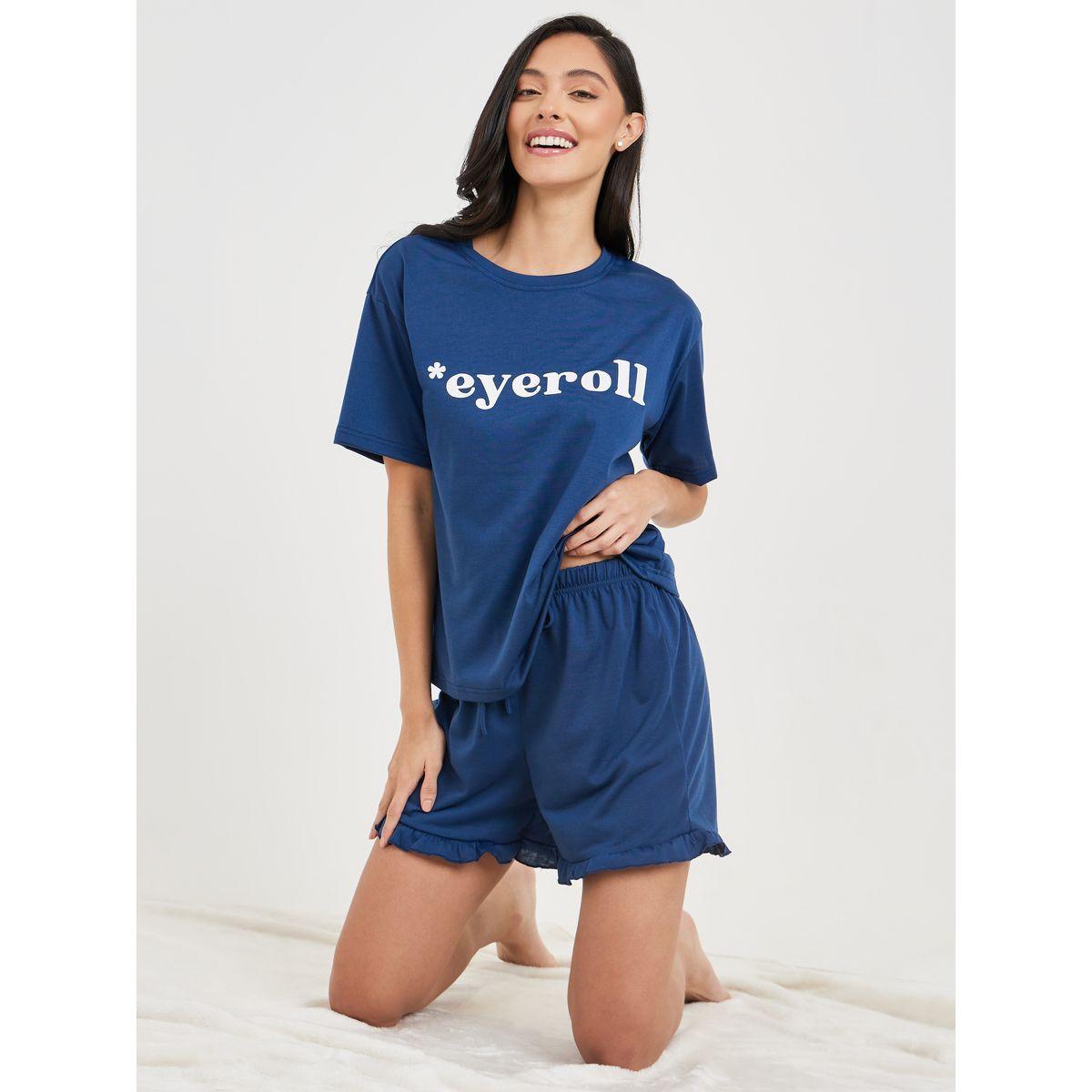Styli Unwind Slogan Print T-Shirt & Ruffle Short Set-women-clothing-nightwear-pyjamas-shortsets-image-1