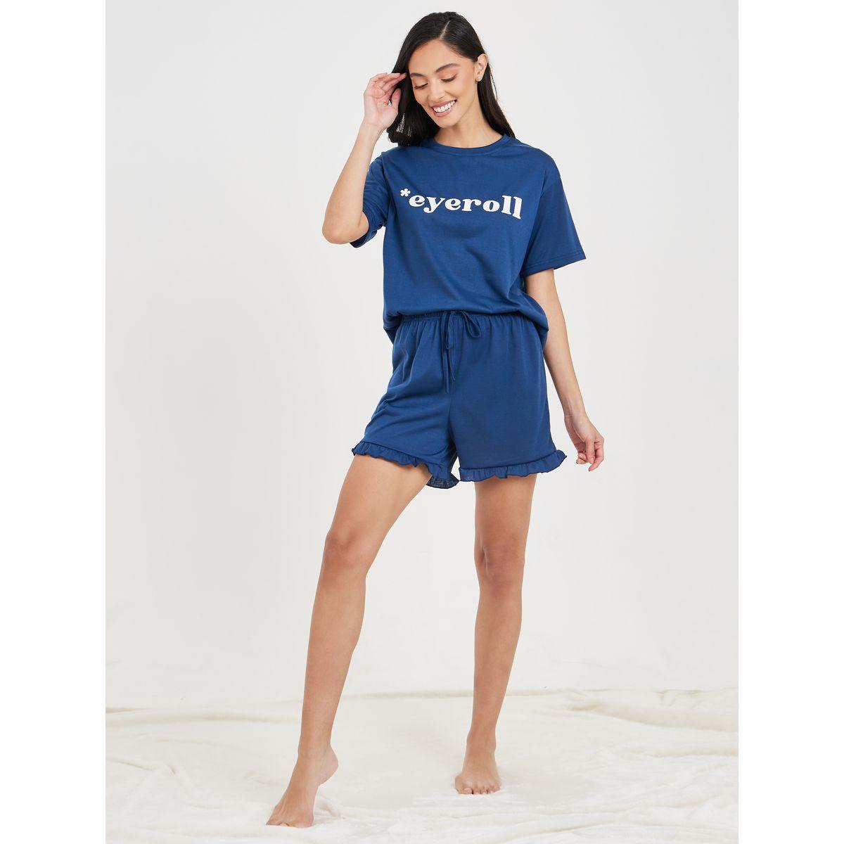 Styli Unwind Slogan Print T-Shirt & Ruffle Short Set-women-clothing-nightwear-pyjamas-shortsets-image-2