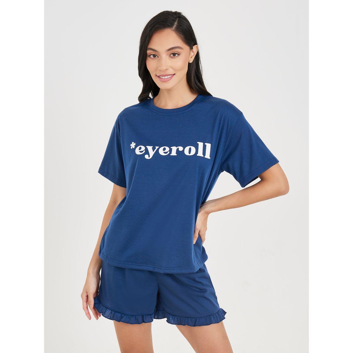 Styli Unwind Slogan Print T-Shirt & Ruffle Short Set-women-clothing-nightwear-pyjamas-shortsets-image-3