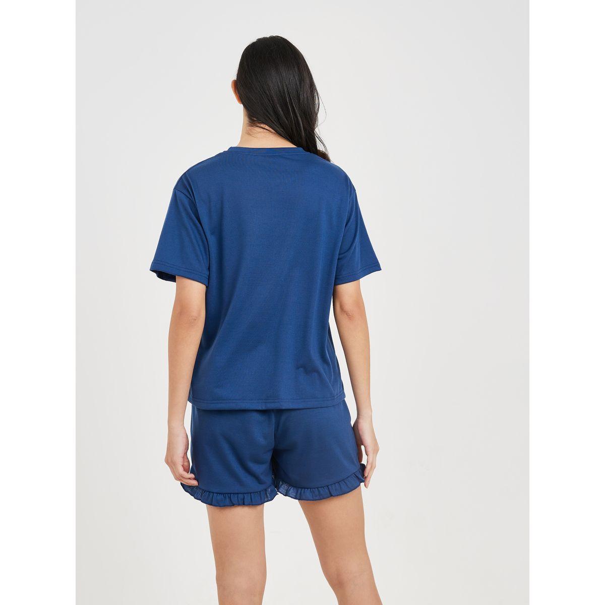 Styli Unwind Slogan Print T-Shirt & Ruffle Short Set-women-clothing-nightwear-pyjamas-shortsets-image-6
