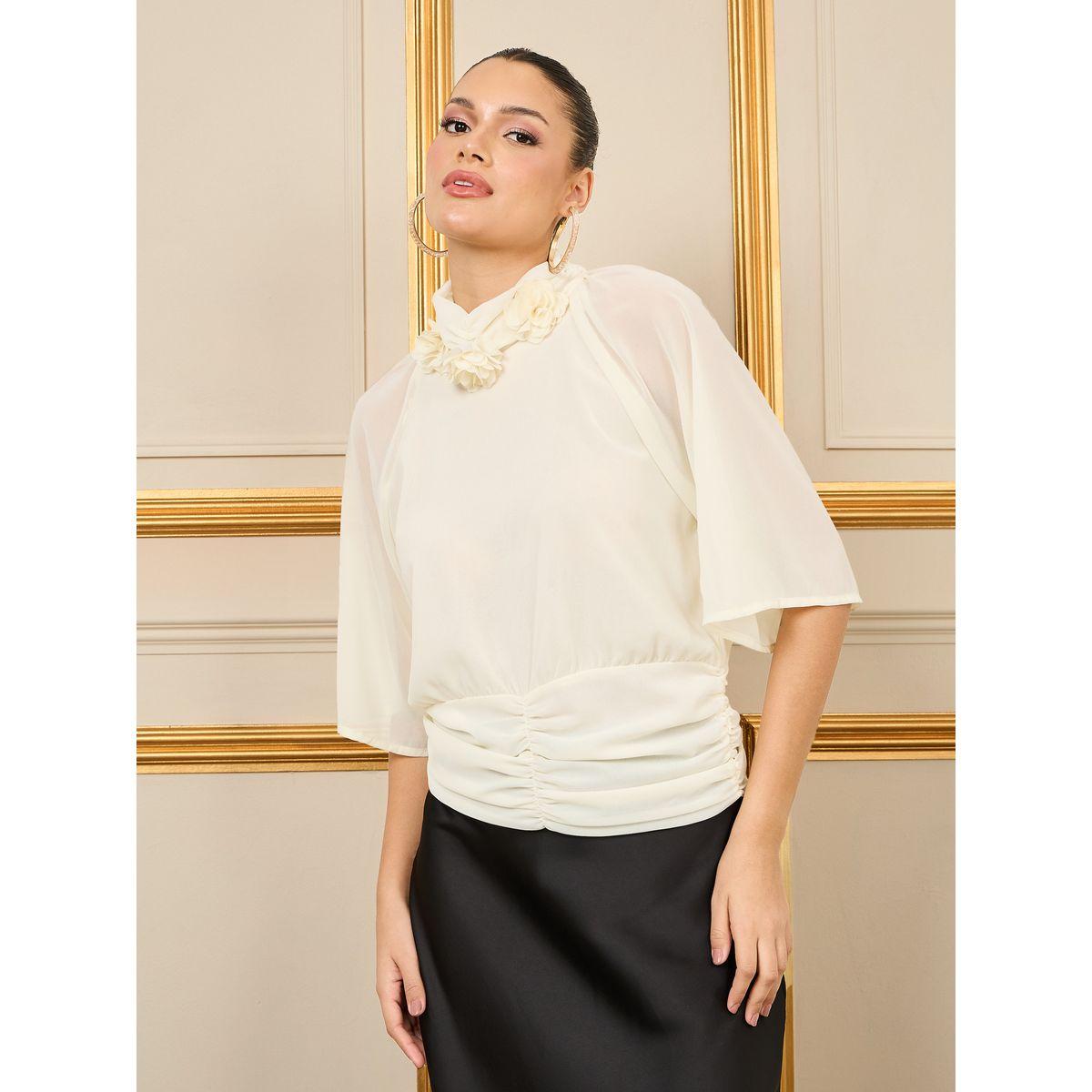 Styli Floral Applique Gathered Detail Hem High Neck Blouse-women-clothing-shirtsandblouses-blouses-image-1