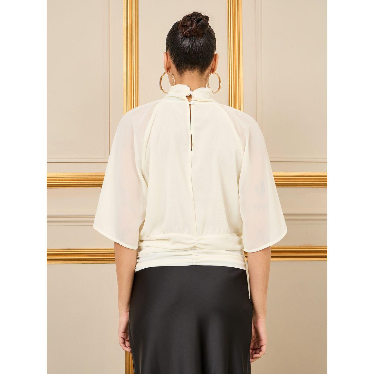 Styli Floral Applique Gathered Detail Hem High Neck Blouse-women-clothing-shirtsandblouses-blouses-image-4