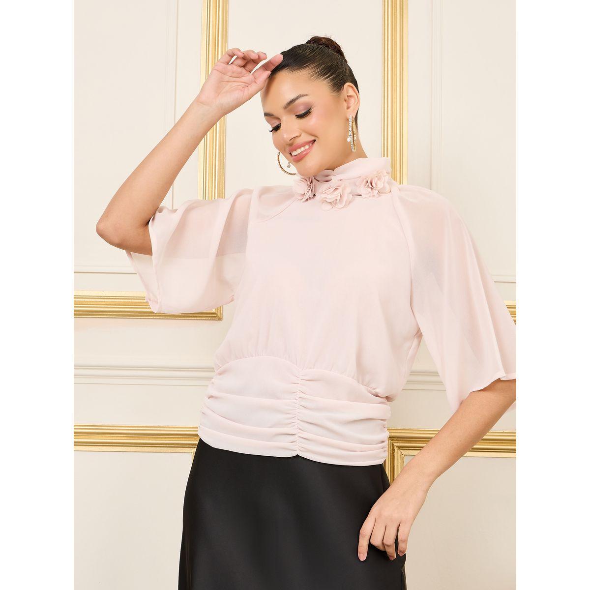 Styli Floral Applique Gathered Detail Hem High Neck Blouse-women-clothing-shirtsandblouses-blouses-image-1