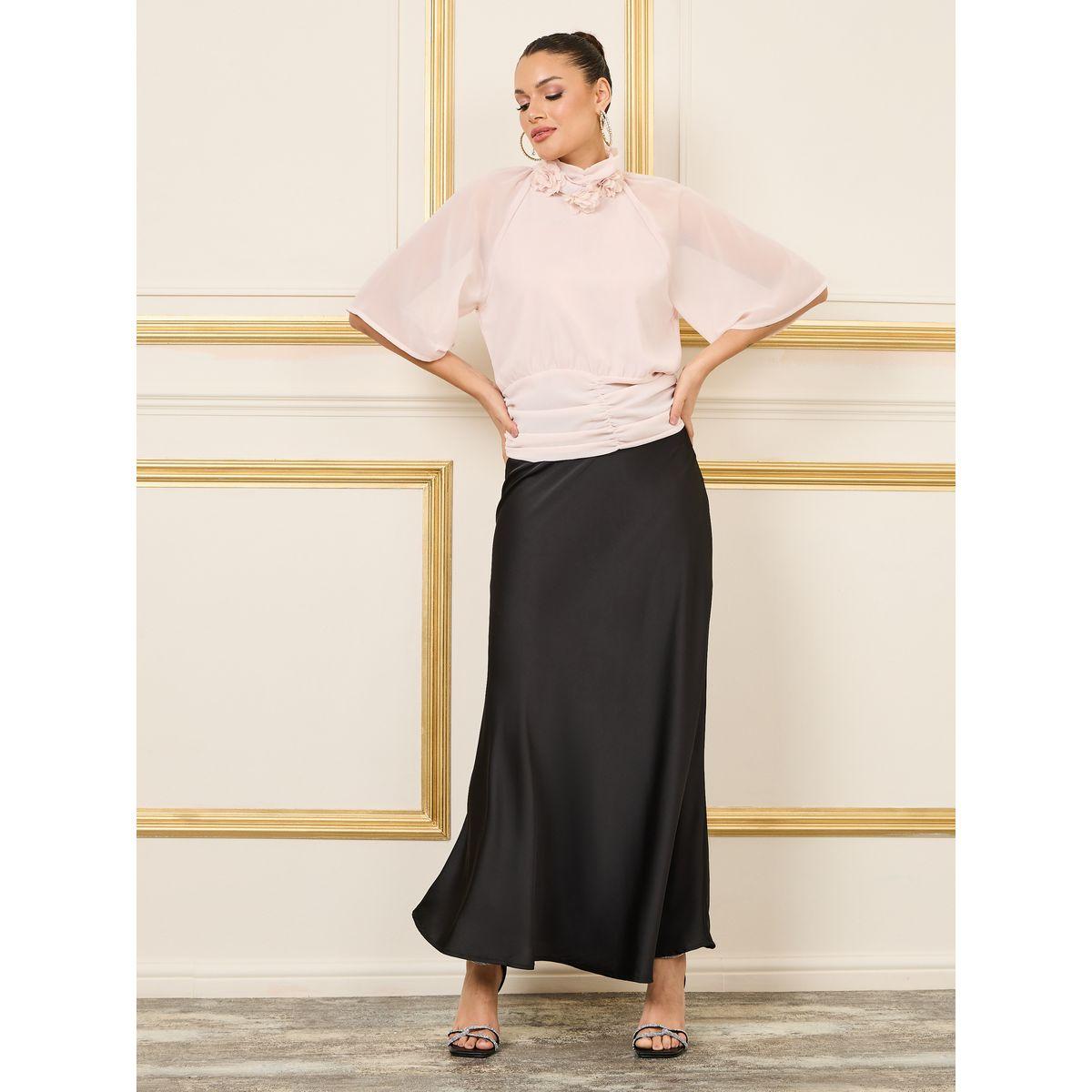 Styli Floral Applique Gathered Detail Hem High Neck Blouse-women-clothing-shirtsandblouses-blouses-image-2