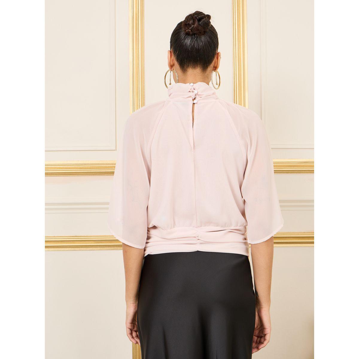 بلوزة بياقة عالية وكسرات مع زهور-women-clothing-shirtsandblouses-blouses-image-4