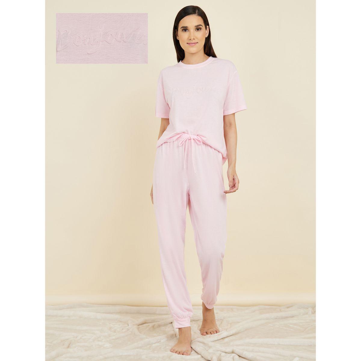 Styli Unwind Bonjour Embossed T-Shirt &  Pyjama Set-women-clothing-nightwear-pyjamas-longsets-image-1