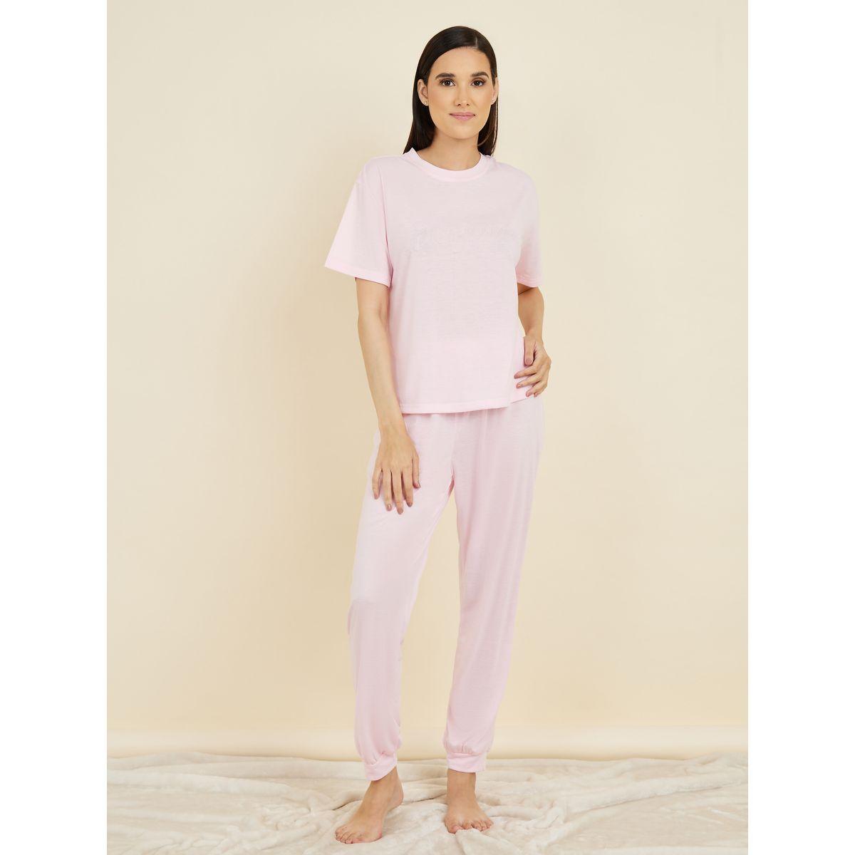 Styli Unwind Bonjour Embossed T-Shirt &  Pyjama Set-women-clothing-nightwear-pyjamas-longsets-image-2