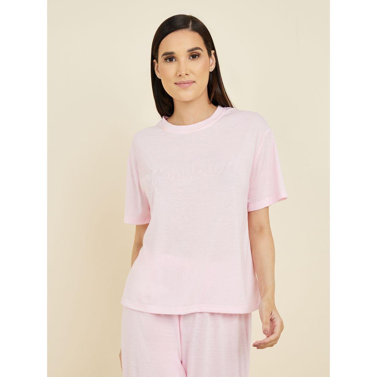 Styli Unwind Bonjour Embossed T-Shirt &  Pyjama Set-women-clothing-nightwear-pyjamas-longsets-image-3