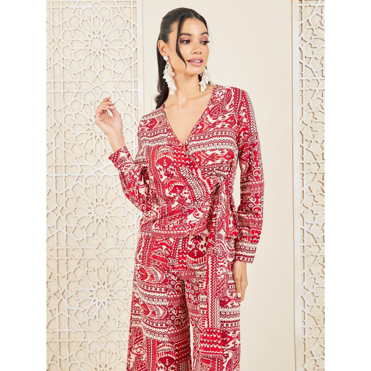 Styli Paisley Print Wrap Top and Wide Leg Pant Set-women-clothing-coordsets-image-2