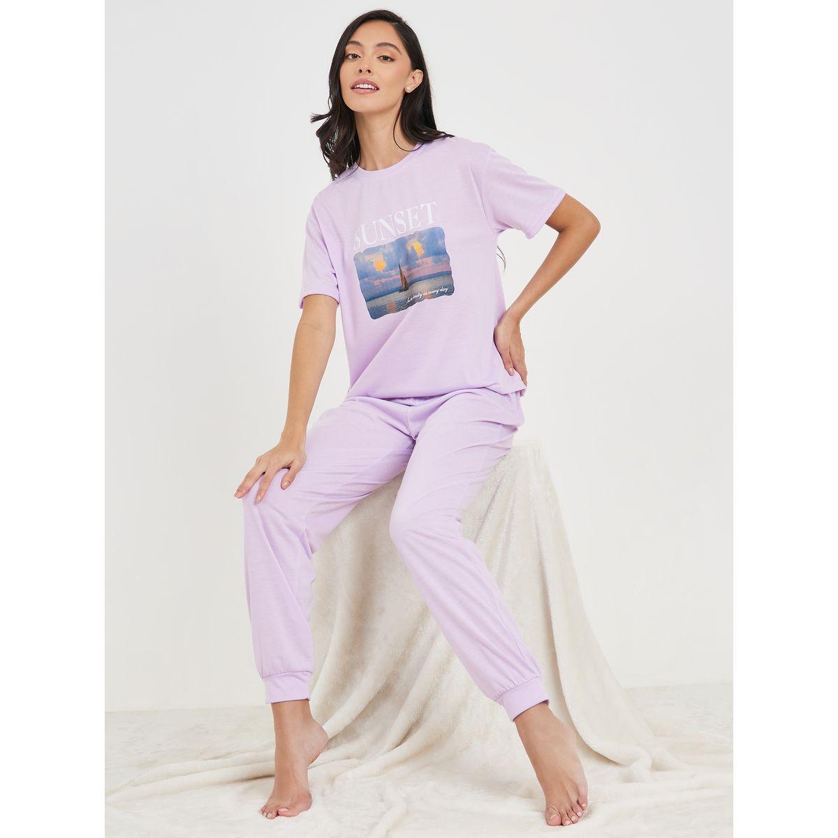 Styli Unwind Sunset Graphic Print T-shirt and Cuffed Pyjama Set-women-clothing-nightwear-pyjamas-longsets-image-1