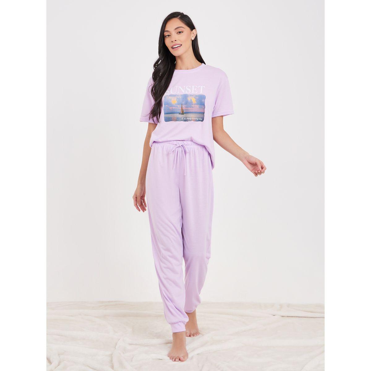 Styli Unwind Sunset Graphic Print T-shirt and Cuffed Pyjama Set-women-clothing-nightwear-pyjamas-longsets-image-2