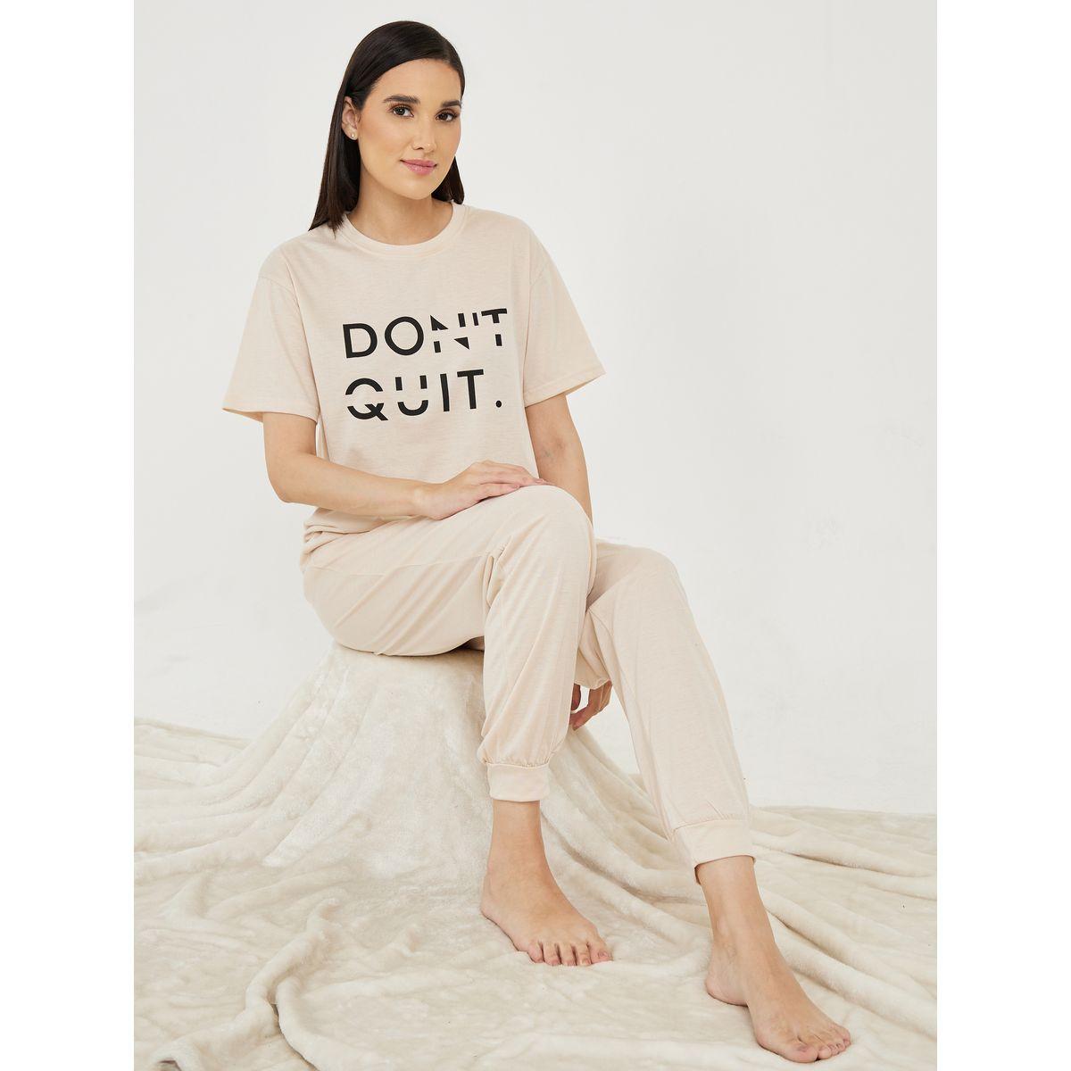 Styli Unwind Dont Quit Slogan T-Shirt & Cuff Pyjama Set-women-clothing-nightwear-pyjamas-longsets-image-1