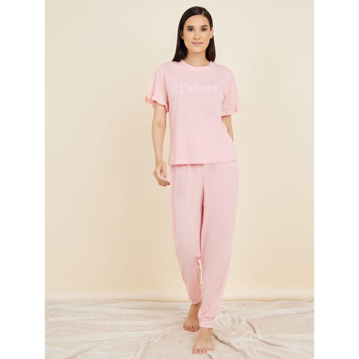 Styli Unwind Embroidered Ruffle Sleeve T-Shirt & Cuff Pyjama Set-women-clothing-nightwear-pyjamas-longsets-image-2